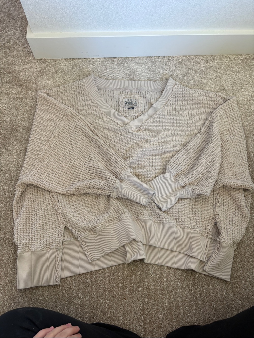 American Eagle Outfitters Waffle-Knit V-Neck Sweatshirt — Beige